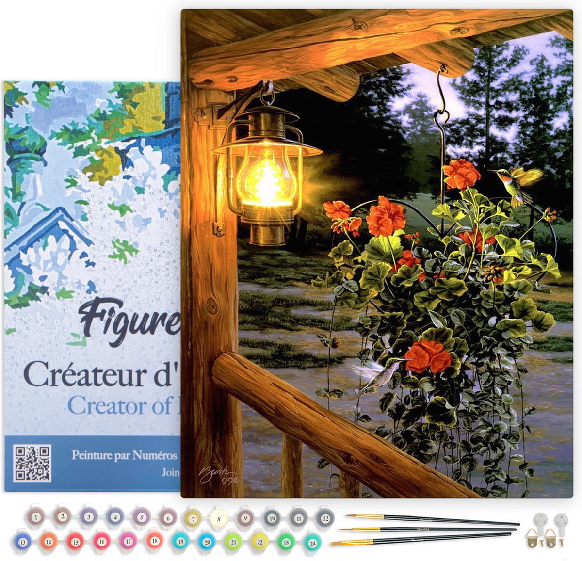 FiguredArt Schilderen op Nummer Volwassenen met lijst - Lantaarn onder de veranda - Handwerk acrylverf Kit DIY Compleet - 40x50cm Canvas al ingelijst